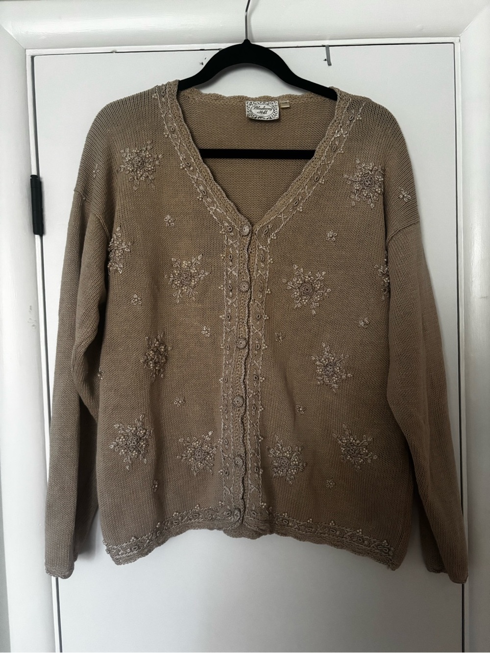Embroidered V-Neck Button Front Sweater Cardigan - Taupe
